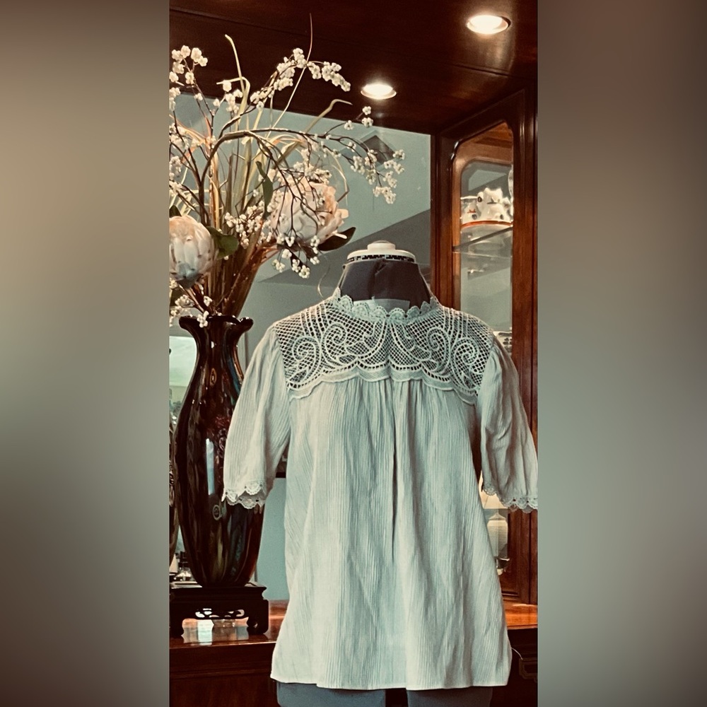 Lace Yoke Puff Sleeve Blouse - Light GrayGreen. Another reduction for 2026.